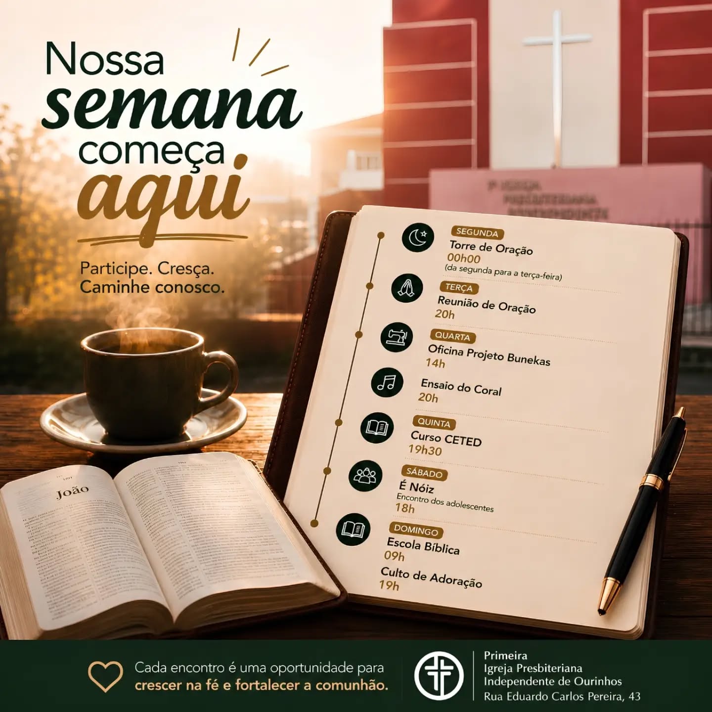 Somos uma igreja que caminha:

• Firmada na Palavra 
• Servindo a Deus
• Vivendo em Sinergia
• Abençoando gerações

Rua Eduardo Carlos Pereira, 43, Vila Mano