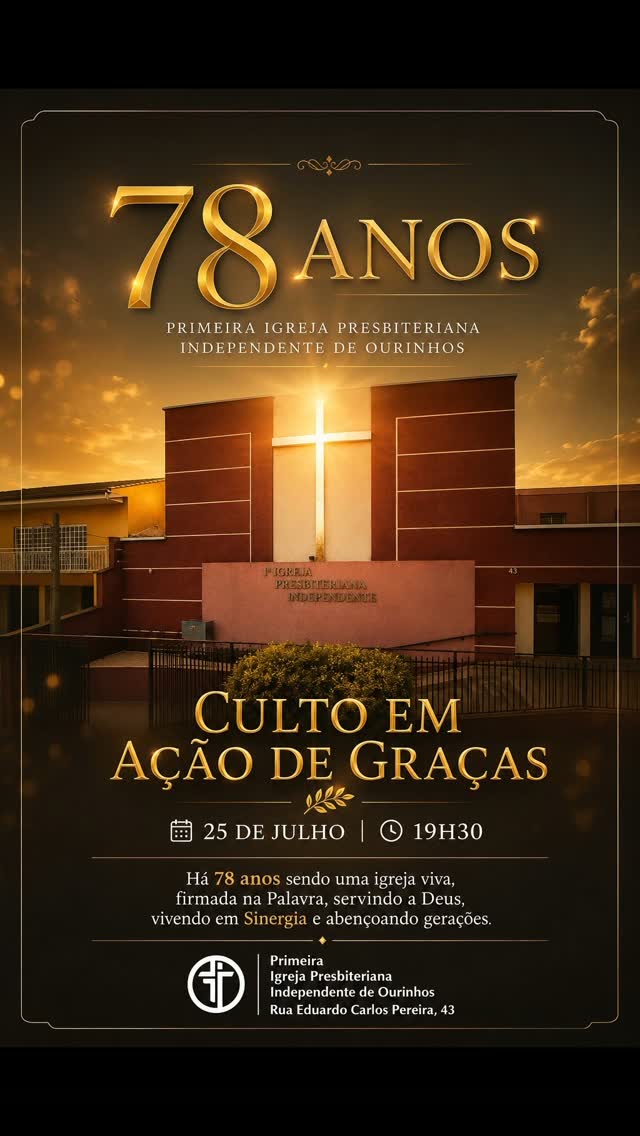 Uma celebração especial e que a tua presença é esperada. 
Escreva conosco mais este capítulo em nossa história. 
25/07, às 19h30
Rua Eduardo Carlos Pereira, 43, Vila Mano.